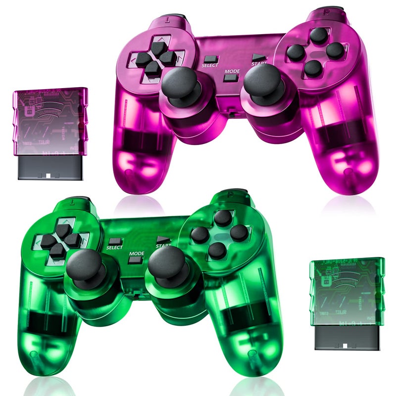 Burcica Wireless Controller for PS-2 Play 2 Double Vibration 2 - ClearGreen and ClearPurple - Image 1